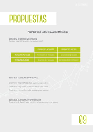 PROPUESTAS
09
El Infómano
PROPUESTAS Y ESTRATEGIAS DE MARKETING
ESTRATEGIA DE CRECIMIENTO INTENSIVO
Matriz de expansión producto-mercado de Ansoff
ESTRATEGIA DE CRECIMIENTO INTEGRADO
ESTRATEGIA DE CRECIMIENTO DIVERSIFICADO
Crecimiento integrado hacia atrás: Adquirir nuevos proveedores.
Crecimiento de diversificación concéntrica: Sinergia tecnológica o de Marketing
Crecimiento integrado hacia adelante: Adquirir nuevos canales.
Crecimiento integrado horizontal: Adquirir y/o generar relaciones.
PRODUCTOS ACTUALES
MERCADOS ACTUALES Penetración de mercados
Desarrollo de mercados Estrategias de diversificación
Desarrollo de productos
MERCADOS NUEVOS
PRODUCTOS NUEVOS
 