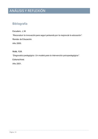 ANÁLISIS Y REFLEXIÓN
Pagina 14
Bibliografía
Escudero, J, M.
“Reconstruir la innovación para seguir peleando por la mejora de la educación”.
Revista de Educación.
Año 2000.
Mollá, R,M.
“Diagnostico pedagógico: Un modelo para la intervención psicopedagógica”.
Editorial Ariel.
Año 2001.
 