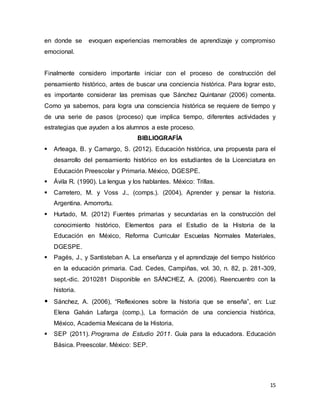 15
en donde se evoquen experiencias memorables de aprendizaje y compromiso
emocional.
Finalmente considero importante iniciar con el proceso de construcción del
pensamiento histórico, antes de buscar una conciencia histórica. Para lograr esto,
es importante considerar las premisas que Sánchez Quintanar (2006) comenta.
Como ya sabemos, para logra una consciencia histórica se requiere de tiempo y
de una serie de pasos (proceso) que implica tiempo, diferentes actividades y
estrategias que ayuden a los alumnos a este proceso.
BIBLIOGRAFÍA
 Arteaga, B. y Camargo, S. (2012). Educación histórica, una propuesta para el
desarrollo del pensamiento histórico en los estudiantes de la Licenciatura en
Educación Preescolar y Primaria. México, DGESPE.
 Ávila R. (1990). La lengua y los hablantes. México: Trillas.
 Carretero, M. y Voss J., (comps.). (2004), Aprender y pensar la historia.
Argentina. Amorrortu.
 Hurtado, M. (2012) Fuentes primarias y secundarias en la construcción del
conocimiento histórico, Elementos para el Estudio de la Historia de la
Educación en México, Reforma Curricular Escuelas Normales Materiales,
DGESPE.
 Pagés, J., y Santisteban A. La enseñanza y el aprendizaje del tiempo histórico
en la educación primaria. Cad. Cedes, Campiñas, vol. 30, n. 82, p. 281-309,
sept.-dic. 2010281 Disponible en SÁNCHEZ, A. (2006). Reencuentro con la
historia.
 Sánchez, A. (2006), “Reflexiones sobre la historia que se enseña”, en: Luz
Elena Galván Lafarga (comp.), La formación de una conciencia histórica,
México, Academia Mexicana de la Historia.
 SEP (2011). Programa de Estudio 2011. Guía para la educadora. Educación
Básica. Preescolar. México: SEP.
 