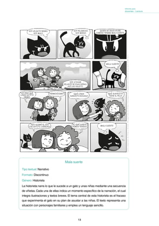 13
Informe para
docentes - Lectura
Mala suerte
Tipo textual: Narrativo
Formato: Discontinuo
Género: Historieta
La historieta narra lo que le sucede a un gato y unas niñas mediante una secuencia
de viñetas. Cada una de ellas indica un momento específico de la narración, el cual
integra ilustraciones y textos breves. El tema central de esta historieta es el fracaso
que experimenta el gato en su plan de asustar a las niñas. El texto representa una
situación con personajes familiares y emplea un lenguaje sencillo.
SOY UN GATO NEGRO,
SOY MALO.
¡MALA SUERTE!
¡MALA SUERTE!
SOY PELIGROSO,
DOY MIEDO.
QUIEN SE CRUCE EN MI
CAMINO TENDRÁ MALA SUERTE.
VOY A PASAR
DELANTE DE ESAS NIÑAS,
ASÍ LAS ASUSTO.
¡AY! PERO QUÉ
LINDO GATITO
NEGRO.
NOS ALEGRÓ EL DÍA
ESE GATITO, ¿VERDAD?
SÍ, ¡QUÉ SUERTE
HEMOS TENIDO!
¡HERMOSÍSIMO! ¡QUÉ LINDA
NARIZOTA ROSADA!
¡QUÉ SUAVECITO
TIENE EL PELO!
TextoadaptadodeAlinayAroldo.Recuperadodehttps://maxaguirre.blogspot.com/2015/05/blog-spot.html/?m=1
 
