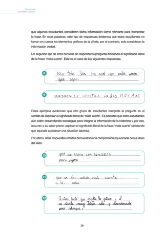 20
Informe para
docentes - Lectura
9
10
11
12
Estos ejemplos evidencian que otro grupo de estudiantes interpreta la pregunta en el
sentido de expresar el significado literal de “mala suerte” .Es probable que estos estudiantes
aún estén desarrollando estrategias para integrar la información de la historieta y, por eso,
recurran a su saber previo: explican el significado literal de la frase “mala suerte” señalando
que equivale a padecer una situación adversa .
Por último, otras respuestas erradas demuestran una comprensión equivocada de las ideas
del texto.
8
que algunos estudiantes consideren dicha información como relevante para interpretar
la frase. En otras palabras, este tipo de respuestas evidencia que estos estudiantes no
toman en cuenta los elementos gráficos de la viñeta; por el contrario, solo consideran la
información verbal.
Un segundo tipo de error consiste en responder la pregunta indicando el significado literal
de la frase “mala suerte” . Este es el caso de las siguientes respuestas.
 