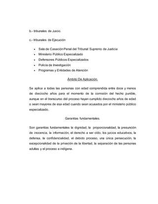 b.- tribunales de Juicio.
c.- tribunales de Ejecución
 Sala de Casación Penal del Tribunal Supremo de Justicia
 Ministerio Público Especializado
 Defensores Públicos Especializados
 Policía de Investigación
 Programas y Entidades de Atención
Ámbito De Aplicación.
Se aplica a todas las personas con edad comprendida entre doce y menos
de dieciocho años para el momento de la comisión del hecho punible,
aunque en el transcurso del proceso hayan cumplido dieciocho años de edad
o sean mayores de esa edad cuando sean acusados por el ministerio público
especializado.
Garantías fundamentales.
Son garantías fundamentales la dignidad, la proporcionalidad, la presunción
de inocencia, la información, el derecho a ser oído, los juicios educativos, la
defensa, la confidencialidad, el debido proceso, una única persecución, la
excepcionalidad de la privación de la libertad, la separación de las personas
adultas y el proceso a indígena.
 