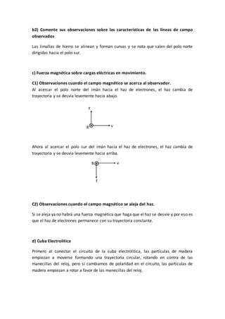 b2) Comente sus observaciones sobre las características de las líneas de campo
observados
Las limallas de hierro se alinean y forman curvas y se nota que salen del polo norte
dirigidas hacia el polo sur.
c) Fuerza magnética sobre cargas eléctricas en movimiento.
C1) Observaciones cuando el campo magnético se acerca al observador.
Al acercar el polo norte del imán hacia el haz de electrones, el haz cambia de
trayectoria y se desvía levemente hacia abajo.
Ahora al acercar el polo sur del imán hacia el haz de electrones, el haz cambia de
trayectoria y se desvía levemente hacia arriba.
C2) Observaciones cuando el campo magnético se aleja del haz.
Si se aleja ya no habrá una fuerza magnética que haga que el haz se desvíe y por eso es
que el haz de electrones permanece con su trayectoria constante.
d) Cuba Electrolítica
Primero al conectar el circuito de la cuba electrolítica, las partículas de madera
empiezan a moverse formando una trayectoria circular, rotando en contra de las
manecillas del reloj, pero si cambiamos de polaridad en el circuito, las partículas de
madera empiezan a rotar a favor de las manecillas del reloj.
 v
F
B
B v
F
 