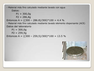 - Material más fino calculado mediante lavado con agua
    Datos:
       P1 = 300,0g
       P2 = 286,8g
Entonces A = ((300 – 286.8)/300)*100 = 4.4 %
- Material más fino calculado mediante lavado elemento dispersante (ACE)
Datos del laboratorio
    P1 = 300,0g
    P2 = 259,5g
Entonces A = ((300 – 259,5)/300)*100 = 13.5 %
 