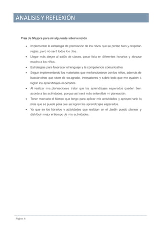 ANALISIS Y REFLEXIÓN
Pagina 6
Plan de Mejora para mi siguiente intervención
 Implementar la estrategia de premiación de los niños que se portan bien y respetan
reglas, pero no será todos los días.
 Llegar más alegre al salón de clases, pasar lista en diferentes horarios y abrazar
mucho a los niños.
 Estrategias para favorecer el lenguaje y la competencia comunicativa
 Seguir implementando los materiales que me funcionaron con los niños, además de
buscar otros que sean de su agrado, innovadores y sobre todo que me ayuden a
lograr los aprendizajes esperados.
 Al realizar mis planeaciones tratar que los aprendizajes esperados queden bien
acorde a las actividades, porque así será más entendible mi planeación.
 Tener marcado el tiempo que tengo para aplicar mis actividades y aprovecharlo lo
más que se pueda para que se logren los aprendizajes esperados.
 Ya que se los horarios y actividades que realizan en el Jardín puedo planear y
distribuir mejor el tiempo de mis actividades.
 