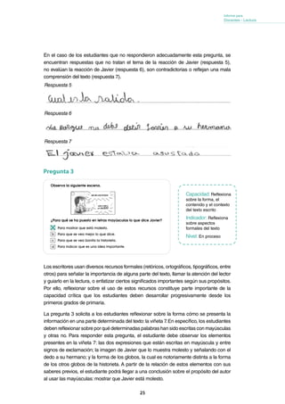 25
Informe para
Docentes - Lectura
En el caso de los estudiantes que no respondieron adecuadamente esta pregunta, se
encuentran respuestas que no tratan el tema de la reacción de Javier (respuesta 5),
no evalúan la reacción de Javier (respuesta 6), son contradictorias o reflejan una mala
comprensión del texto (respuesta 7).
Respuesta 5
Respuesta 6
Respuesta 7
Capacidad: Reflexiona
sobre la forma, el
contenido y el contexto
del texto escrito
Indicador: Reflexiona
sobre aspectos
formales del texto
Nivel: En proceso
Pregunta 3
Los escritores usan diversos recursos formales (retóricos, ortográficos, tipográficos, entre
otros) para señalar la importancia de alguna parte del texto, llamar la atención del lector
y guiarlo en la lectura, o enfatizar ciertos significados importantes según sus propósitos.
Por ello, reflexionar sobre el uso de estos recursos constituye parte importante de la
capacidad crítica que los estudiantes deben desarrollar progresivamente desde los
primeros grados de primaria.
La pregunta 3 solicita a los estudiantes reflexionar sobre la forma cómo se presenta la
información en una parte determinada del texto: la viñeta 7.En específico, los estudiantes
deben reflexionar sobre por qué determinadas palabras han sido escritas con mayúsculas
y otras no. Para responder esta pregunta, el estudiante debe observar los elementos
presentes en la viñeta 7: las dos expresiones que están escritas en mayúscula y entre
signos de exclamación; la imagen de Javier que lo muestra molesto y señalando con el
dedo a su hermano; y la forma de los globos, la cual es notoriamente distinta a la forma
de los otros globos de la historieta. A partir de la relación de estos elementos con sus
saberes previos, el estudiante podrá llegar a una conclusión sobre el propósito del autor
al usar las mayúsculas: mostrar que Javier está molesto.
Lectura8
En la historieta, ¿cómo es Javier?
Alegre.
Celoso.
Llorón.
Miedoso.
¿Para qué se ha escrito este texto?
Para	describir	a	un	personaje.
Para	contar	una	historia.
Para	expresar	una	opinión.
Para	dar	un	consejo.
Observa la siguiente escena.
¿Para qué se ha puesto en letras mayúsculas lo que dice Javier?
Para	mostrar	que	está	molesto.
Para	que	se	vea	mejor	lo	que	dice.
Para	que	se	vea	bonita	la	historieta.
Para	indicar	que	es	una	idea	importante.
7
9
8
CT4P00276CT4P00277
Ahora marca la respuesta correcta de cada pregunta.
a
b
c
d
a
b
c
d
a
b
c
d
7.
¡ME DIO UNA PATADA!
¡VAS A VER A
LA SALIDA!
CT4P00282
 