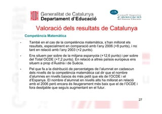 Valoració dels resultats de Catalunya
    Competència Matemàtica
-     També en el cas de la competència matemàtica, s’han millorat els
      resultats, especialment en comparació amb l’any 2006 (+8 punts), i no
      tant en relació amb l’any 2003 (+2 punts).
-     Ens situem per sobre de la mitjana espanyola (+12,6 punts) i per sobre
      del Total OCDE (+7,2 punts). En relació a altres països europeus ens
      situem a prop d’Àustria i de Suècia.
-     Pel que fa a la distribució de percentatges de l’alumnat en cadascun
      dels nivells de la competència matemàtica cal dir que el nombre
      d’alumnes en nivells baixos és més petit que els de l’OCDE i el
      d’Espanya. El nombre d’alumnat en nivells alts ha millorat en relació
      amb el 2006 però encara és lleugerament més baix que el de l’OCDE i
      fora desitjable que seguís augmentant en el futur.


                                                                               27
 