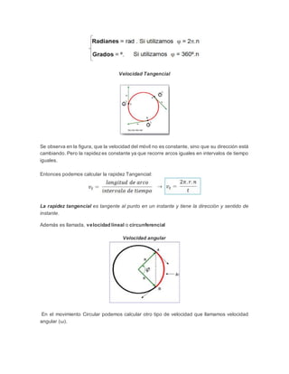 Velocidad Tangencial
Se observa en la figura, que la velocidad del móvil no es constante, sino que su dirección está
cambiando. Pero la rapidezes constante ya que recorre arcos iguales en intervalos de tiempo
iguales.
Entonces podemos calcular la rapidez Tangencial:
La rapidez tangencial es tangente al punto en un instante y tiene la dirección y sentido de
instante.
Además es llamada, velocidad lineal o circunferencial
Velocidad angular
En el movimiento Circular podemos calcular otro tipo de velocidad que llamamos velocidad
angular (ω).
 