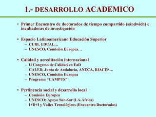 1.-  DESARROLLO  ACADEMICO Primer Encuentro de doctorados de tiempo compartido (sándwich) e incubadoras de investigación Espacio Latinoamericano Educación Superior CUIB, UDUAL… UNESCO, Comisi ón Europea… Calidad y acreditación internacional II Congreso de Calidad en EaD CALED, Junta de Andaluc ía, ANECA, RIACES… UNESCO, Comisión Europea Programa “CAMPUS” Pertinencia social y desarrollo local Comisión Europea UNESCO: Apoyo Sur-Sur (LA- Á frica) I+D+I y Valles Tecnol ógicos (Encuentro Doctorados) 