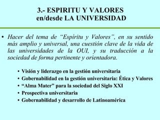 3.- ESPIRITU Y VALORES  en/desde LA UNIVERSIDAD Hacer del tema de “Espíritu y Valores”, en su sentido más amplio y universal, una cuestión clave de la vida de las universidades de la OUI, y su traducción a la sociedad de forma pertinente y orientadora. Visión y liderazgo en la gestión universitaria Gobernabilidad en la gestión universitaria: Ética y Valores “ Alma Mater” para la sociedad del Siglo XXI Prospectiva universitaria Gobernabilidad y desarrollo de Latinoamérica 