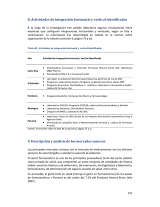 8. Actividades de integración horizontal y vertical identificadas

A lo largo de la investigación han podido detectarse algunas vinculaciones entre
empresas que configuran integraciones horizontales y verticales, según se lista a
continuación. La información fue desarrollada en detalle en la sección sobre
organización de la industria (sección 6, página 75 y ss).


Tabla 40. Actividades de integración horizontal y vertical identificadas



País          Actividad de integración horizontal / vertical identificada


              •   Distribuidoras Farmanova e Intermed, farmacias Pharma Punto Net, laboratorio
Costa Rica        M&D Pharma
              •   Distribuidora CEFA C.R + Farmacias Fischel
              •   Lab. Bayer y Corporación Bonima (que produce los genéricos de marca MK).
              •   Droguería y Laboratorios López y Droguería y Laboratorios Láinez, desde 2005
El Salvador
              •   Droguería Americana; Distribuidora C. Imberton; laboratorio Farmacéutica Rodim,
                  cadena de farmacias Uno


Honduras      •   Droguería Mandofer, farmacias Del Ahorro y farmacias Regis


              •   Laboratorios CEGUEL; Droguería DICEGSA; cadena de farmacias Medco y Xolotlan
Nicaragua     •   Laboratorios Panzyma y Distribuidora Panzyma
              •   Droguería REFANIC y laboratorio ALTASA
              •    Impa-Doel, fusión en 1993 de dos de las mayores distribuidoras panameñas (Impa y
                   Agencias Doel).
Panamá
               • Distribuidoras Compañía Astor y Representaciones Arrocha y cadena de Farmacias
                   Arrocha
Fuente: el consultor sobre la base de la sección 6, página 75 y ss




9. Descripción y análisis de los mercados conexos

Los principales mercados conexos con el mercado de medicamentos son los distintos
servicios de salud dirigidos a atender la salud de la población.
El sector farmacéutico es uno de los principales proveedores tanto del sector público
como privado de salud, que comprende un vasto conjunto de actividades de diversa
índole: servicios médicos y de enfermería, de internación, de diagnóstico y laboratorio,
farmacéuticos, de administración de seguros sociales de salud, entre otros.
En promedio, el gasto total en salud (incluye el gasto en farmacéuticos) de los países
de Centroamérica + Panamá es del orden del 7.1% del Producto Interno Bruto (año
2007).



                                                                                              103
 