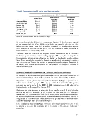 Tabla 60. Comparación regional de precios minoristas (en farmacias)

                                        Costo en USD (octubre 2008 / marzo 2009)
                                                     medicamentos             medicamentos
                           canasta total
                                                       originales               genéricos
Guatemala (GUA)              $ 113.03                    $ 77.97                   $ 35.06
San Salvador (ES)            $ 107.91                    $ 76.26                   $ 31.65
Panamá (PA)                   $ 90.39                    $ 69.27                   $ 22.54
San José (CR)                 $ 84.71                    $ 63.43                   $ 21.11
Tegucigalpa (HN)              $ 78.32                    $ 62.16                   $ 14.89
Managua (NI),                 $ 64.17                    $ 53.88                   $ 10.29
Brecha max-min                   76%                       45%                      241%
Fuente. El consultor sobre la base de CONCADECO (2009)



En suma, el estudio de CONCADECO muestra que el patrón de discriminación regional
de precios postulado por ROJAS (2009) a nivel de los precios de los laboratorios, sobre
la base de datos de IMS para 2002, y también observado por en el presente estudio
sobre la base de información IMS para 2010, se extiende al precio minorista en
farmacia observado entre 2008 y 2009.
También a nivel de farmacias, los mayores precios se observan en El Salvador y
Guatemala y los menores precios en Tegucigalpa y Managua, lo cual respalda la
hipótesis sobre la importancia del ingreso per cápita y su distribución para las políticas
tanto de los laboratorios como de las droguerías y cadenas de farmacias en relación a
sus estrategias de fijación de precios y segmentación del mercado. Respecto de
Nicaragua, debe tenerse presente que los márgenes de distribución y farmacia se
encuentran regulados.


Ejercicio econométrico elaborado por el consultor con los datos disponibles
En el marco de la presente investigación se ha realizado un ejercicio econométrico de
resultados interesantes si bien limitados debido a la escasa disponiblidad de datos.
El ejercicio se inspira y tiene como antecedente el análisis de Rojas M. presentado en
detalle en la sección 11, página 121 y ss, que utilizó la información sobre precios
promedio ex fabrica para el año 2002 de 600 medicamentos, de 17 laboratorios
internacionales en Centroamérica (fuente IMS).
El ejercicio de Rojas propone la existencia de un patrón general de discriminación
regional de precios atribuible a las políticas de mercadeo de los principales
laboratorios (discriminación de precios en 3er. Grado), que según el autor responde a
las disparidades económicas de los países en términos de nivel de ingresos y grado de
desigualdad en su distribución, ambas dimensiones que determinan directamente la
capacidad de compra de la población de la región.
Se ha notado que el estudio de Rojas al limitarse a laboratorios internacionales líderes
no abarca la situación de genéricos con y sin marca de laboratorios medianos y
pequeños.


                                                                                             124
 