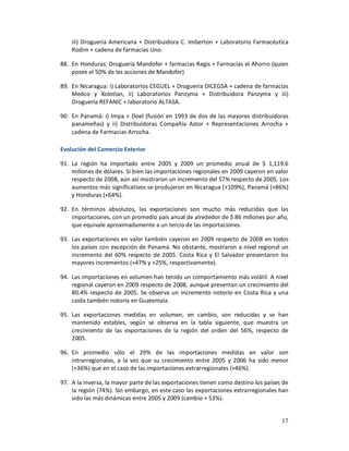 iii) Droguería Americana + Distribuidora C. Imberton + Laboratorio Farmacéutica
    Rodim + cadena de farmacias Uno.

88. En Honduras: Droguería Mandofer + farmacias Regis + Farmacias el Ahorro (quien
    posee el 50% de las acciones de Mandofer)

89. En Nicaragua: i) Laboratorios CEGUEL + Droguería DICEGSA + cadena de farmacias
    Medco y Xolotlan, ii) Laboratorios Panzyma + Distribuidora Panzyma y iii)
    Droguería REFANIC + laboratorio ALTASA.

90. En Panamá: i) Impa + Doel (fusión en 1993 de dos de las mayores distribuidoras
    panameñas) y ii) Distribuidoras Compañía Astor + Representaciones Arrocha +
    cadena de Farmacias Arrocha.

Evolución del Comercio Exterior

91. La región ha importado entre 2005 y 2009 un promedio anual de $ 1,119.6
    millones de dólares. Si bien las importaciones regionales en 2009 cayeron en valor
    respecto de 2008, aún así mostraron un incremento del 57% respecto de 2005. Los
    aumentos más significativos se produjeron en Nicaragua (+109%), Panamá (+86%)
    y Honduras (+64%).

92. En términos absolutos, las exportaciones son mucho más reducidas que las
    importaciones, con un promedio país anual de alrededor de $ 86 millones por año,
    que equivale aproximadamente a un tercio de las importaciones.

93. Las exportaciones en valor también cayeron en 2009 respecto de 2008 en todos
    los países con excepción de Panamá. No obstante, mostraron a nivel regional un
    incremento del 60% respecto de 2005. Costa Rica y El Salvador presentaron los
    mayores incrementos (+47% y +25%, respectivamente).

94. Las importaciones en volumen han tenido un comportamiento más volátil. A nivel
    regional cayeron en 2009 respecto de 2008, aunque presentan un crecimiento del
    80.4% respecto de 2005. Se observa un incremento notorio en Costa Rica y una
    caída también notoria en Guatemala.

95. Las exportaciones medidas en volumen, en cambio, son reducidas y se han
    mantenido estables, según se observa en la tabla siguiente, que muestra un
    crecimiento de las exportaciones de la región del orden del 56%, respecto de
    2005.

96. En promedio sólo el 29% de las importaciones medidas en valor son
    intrarregionales, a la vez que su crecimiento entre 2005 y 2006 ha sido menor
    (+36%) que en el caso de las importaciones extrarregionales (+46%).

97. A la inversa, la mayor parte de las exportaciones tienen como destino los países de
    la región (74%). Sin embargo, en este caso las exportaciones extrarregionales han
    sido las más dinámicas entre 2005 y 2009 (cambio + 53%).


                                                                                    17
 