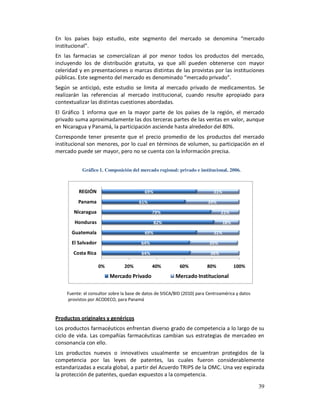 En los países bajo estudio, este segmento del mercado se denomina “mercado
institucional”.
En las farmacias se comercializan al por menor todos los productos del mercado,
incluyendo los de distribución gratuita, ya que allí pueden obtenerse con mayor
celeridad y en presentaciones o marcas distintas de las provistas por las instituciones
públicas. Este segmento del mercado es denominado “mercado privado”.
Según se anticipó, este estudio se limita al mercado privado de medicamentos. Se
realizarán las referencias al mercado institucional, cuando resulte apropiado para
contextualizar las distintas cuestiones abordadas.
El Gráfico 1 informa que en la mayor parte de los países de la región, el mercado
privado suma aproximadamente las dos terceras partes de las ventas en valor, aunque
en Nicaragua y Panamá, la participación asciende hasta alrededor del 80%.
Corresponde tener presente que el precio promedio de los productos del mercado
institucional son menores, por lo cual en términos de volumen, su participación en el
mercado puede ser mayor, pero no se cuenta con la información precisa.


           Gráfico 1. Composición del mercado regional: privado e institucional, 2006.



         REGIÓN                           69%                              31%

         Panama                        61%                               39%

       Nicaragua                              79%                               21%

        Honduras                                82%                              18%

      Guatemala                           69%                              31%

      El Salvador                       64%                              35%

       Costa Rica                       64%                               36%

                    0%          20%           40%          60%          80%            100%
                         Mercado Privado                 Mercado Institucional

    Fuente: el consultor sobre la base de datos de SISCA/BID (2010) para Centroamérica y datos
     provistos por ACODECO, para Panamá


Productos originales y genéricos
Los productos farmacéuticos enfrentan diverso grado de competencia a lo largo de su
ciclo de vida. Las compañías farmacéuticas cambian sus estrategias de mercadeo en
consonancia con ello.
Los productos nuevos o innovativos usualmente se encuentran protegidos de la
competencia por las leyes de patentes, las cuales fueron considerablemente
estandarizadas a escala global, a partir del Acuerdo TRIPS de la OMC. Una vez expirada
la protección de patentes, quedan expuestos a la competencia.

                                                                                                 39
 