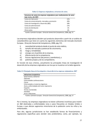 Tabla 12. Empresas originadoras, estructura de costos.

           Estructura de costos de empresas originadoras para medicamentos de venta
           bajo receta, año 2007.
           Costos de Fabricación                                        21%
           Costos de comercialización, mercadeo y promoción             20%
           Costos de Investigación y Desarrollo (I&D)                   18%
           Costos de administración                                     11%
           Costos de distribución                                        1%
           Otros costos                                                  2%
            Fuente: Comisión Europea - Dirección General de Competencia, 2008, pág. 37.



Las empresas originadoras deciden qué productos desarrollar a partir de un análisis de
costo/beneficio que tiene en cuenta los siguientes elementos del mercado (Comisión
Europea - Dirección General de Competencia, 2008, pág. 57).
    i)      necesidad del producto desde el punto de vista médico,
    ii)     tamaño del mercado y potencial de crecimiento,
    iii)    riesgo y rentabilidad,
    iv)     sinergia con el porfolio de la empresa,
    v)      diferenciación de la competencia,
    vi)     futuras regulaciones (de precios y reembolsos), y
    vii)    patentes propias y de los competidores.
En función de esos criterios, actualmente las principales líneas de investigación &
desarrollo de las empresas originadoras son las que se muestran en la tabla siguiente.


Tabla 13. Principales líneas de Investigación y desarrollo de las empresas originadoras, 2007

           Indicaciones terapéuticas
           Salud mental y Alzheimer
           Obesidad
           Enfermedades cardiovasculares
           Cáncer
           Enfermedades y trastornos digestivos
           Asma y enfermedades del tracto respiratorio
           Hepatitis
           Artritis reumatoidea
           HIV/SIDA
           Virus e infecciones
             Fuente: Comisión Europea - Dirección General de Competencia, 2008, pág. 57



Por sí mismas, las empresas originadoras no tienen suficientes incentivos para invertir
en I&D destinadas a enfermedades raras o poco frecuentes en Estados Unidos o
Europa, o que afectan segmentos minoritarios de la población como los niños y las
embarazadas.
Para ello, algunas jurisdicciones se han establecido formas de financiamiento y
regulaciones específicas para atender esta problemática, como, por ejemplo, las


                                                                                                57
 