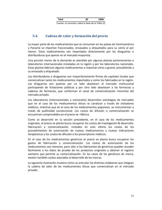 Total                       30           100%
                        Fuente: el consultor sobre la base de la Tabla 22




   5.4.       Cadena de valor y formación del precio

La mayor parte de los medicamentos que se consumen en los países de Centroamérica
y Panamá se importan fraccionados, envasados y etiquetados para su venta al por
menor. Estos medicamentos son importados directamente por las droguerías o
distribuidoras que operan en el mercado mayorista.
Una porción menor de la demanda es atendida por algunas plantas pertenecientes a
laboratorios internacionales instaladas en la región y por los laboratorios nacionales.
Estas plantas fabrican algunos medicamentos e importan otros a granel, procediendo a
su envasado y etiquetado.
Los distribuidores o droguerías son mayoritariamente firmas de capitales locales que
comercializan tanto los medicamentos importados y como los fabricados en la región.
Las droguerías son quienes por un lado abastecen el mercado institucional
participando de licitaciones públicas y por otro lado abastecen a las farmacias y
cadenas de farmacias, que conforman el canal de comercialización minorista del
mercado privado.
Los laboratorios (internacionales y nacionales) desarrollan estrategias de mercadeo
que en el caso de los medicamentos éticos se canalizan a través de visitadores
médicos, mientras que en el caso de los medicamentos populares, se instrumentan a
través de publicidad convencional. Los costos de difusión o comercialización se
encuentran comprendidos en el precio ex –fábrica.
Como se desarrolló en la sección precedente, en el caso de los medicamentos
originales, el precio ex planta busca recuperar los costos de investigación & desarrollo,
fabricación y comercialización, incluidos en esto último los costos de los
procedimientos de autorización de nuevos medicamentos y nuevas indicaciones
terapéuticas y los costos de difusión a los prescriptores médicos.
En el caso de los medicamentos genéricos el precio ex planta busca recuperar los
gastos de fabricación y comercialización. Los costos de autorización de los
medicamentos son menores, pero sólo si los fabricantes de genéricos pueden acceder
fácilmente a los datos de prueba de los productos originales y obtener el registro
sanitario que permite su comercialización. En los casos de los genéricos de marca,
existen también costos asociados al desarrollo de las marcas.
La siguiente ilustración muestra cómo se articulan los distintos eslabones que integran
la cadena de valor de los medicamentos éticos que comercializan en el mercado
privado.




                                                                                      71
 