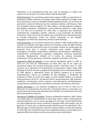laboratorios y con participaciones bajas que, salvo en Nicaragua, en ningún caso
superan el 2.5%. (Fuente: el consultor sobre la base de datos IMS).
STEIN (Costa Rica). Es una empresa costarricense creada en 1980, con operaciones en
Guatemala, Panamá, Honduras y El Salvador desde 1990, localizada en Cartago, Costa
Rica. Actualmente cuenta con alrededor de 600 empleados directos, con una fuerza de
promoción y ventas de 150 personas entre visitadores médicos y de farmacias. Tiene
tres principales líneas de negocios. Por lado, elabora unos 80 productos urológicos,
ginecológicos, pediátricos, cardiológicos y para problemas endocrinos. Luego cuenta
con una línea de 20 productos de venta libre (o populares) que comprende:
antihistamínicos, antigripales, laxantes, vitaminas y para prevención de obesidad.
Finalmente, cuenta con la línea de hospital, que comprende unos 170 productos para
el mercado institucional. Cuenta con oficinas comerciales en San Salvador,
Tegucigalpa, San Pedro Sula, Guatemala, Panamá y Santo Domingo.
GUTIS (Costa Rica). Es una empresa costarricense creada en 1962. Desde el 2003, está
presente en El Salvador, Nicaragua, Panamá y en Honduras a partir de 2009. Participa
tanto en el mercado institucional como en el privado. Produce una variada gama de
productos tanto para el mercado institucional como privado: analgésicos,
anorexígenos, ansiolíticos, antiasmáticos, antibióticos, anticonceptivos, antiherpético,
antihistamínico, antiinflamatorio, antipirético, antipsicótico, antitusivo, bactericida,
corticoide, hipolipemiante, inhibidor de la bomba de protones (antiácido,
antiulceroso), inmunosupresores, mucolíticos, relajantes musculares, entre otros.
Laboratorios LÓPEZ (El Salvador). Es una empresa salvadoreña creada en 1949. Se
inició con una línea de medicamentos de venta libre, dos de los cuales son
actualmente líderes del mercado (Pulmocalcio jarabe y Nerviflora elixir). En 1965
comenzó con la fabricación de medicamentos de prescripción médica. Desde 1995
distribuye la línea de insumos y equipamiento hospitalarios de la multinacional Baxter.
En 2005 adquirió a Laboratorios Láinez, de histórica presencia en el mercado
centroamericano. Cuenta con alrededor de 450 empleados, y distribución de
productos en todos los países de la región, así como también México y el mercado
hispanoamericano de EE.UU. Actualmente fabrica aproximadamente 180 productos:
antibióticos, antiulcerosos, colirios, vitaminas, anti-inflamatorios, anti-hipertensivos,
antiparasitarios, antihistamínicos, mucolíticos, antivirales, antimicóticos, entre otros.
CEGUEL (Nicaragua). Es una empresa nicaragüense que se inició en 1963 con la
fabricación de medicamentos de venta libre. Actualmente fabrica y comercializa una
amplia cartera de productos de venta libre marca CEGUEL y de medicamentos de venta
bajo receta genéricos marca IFC.
Laboratorios TERAMED (El Salvador). Empresa salvadoreña fundada en 1981. Fabrica
una amplia gama de medicamentos de venta bajo receta o éticos, conformada por
productos genéricos, con y sin marca, que agrupa en tres líneas: una de medicamentos
con marca registrada (las marcas contienen la expresión NOR como prefijo) y dos de
genéricos sin marca, que no obstante pueden identificarse por las expresiones TM o
M/D que sigue al nombre genérico. Asimismo también elabora una línea de productos
de venta libre, que comercializa bajo marcas registradas propias, caracterizadas por la
expresión MED como sufijo y otra línea de productos para la salud dental.


                                                                                      82
 