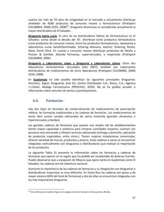 cuenta con más de 70 años de antigüedad en el mercado y actualmente distribuye
alrededor de 4200 productos de consumo masivo y farmacéuticos (ProExport
COLOMBIA, 2004) (ICEX, 2008)40. Droguería Americana es considerada actualmente la
mayor distribuidora de El Salvador.
Droguería Santa Lucía. Es otra de las distribuidoras líderes de farmacéuticos en El
Salvador, activa desde la década del 70´. Distribuye tanto productos farmacéuticos
como productos de consumo masivo, entre los productos farmacéuticos, representa a
laboratorios como Sanofi/Synthelabo, Schering Alemana, Aventis- Schering, Roche,
Glaxo Smirh Kline. En cuanto a consumo masivo distribuye productos de Nestle y
Procter & Gamble. Atiende farmacias, supermercados, y mayoristas (ProExport
COLOMBIA, 2004).
Droguería y Laboratorios López y Droguería y Laboratorios Láinez. Estos dos
laboratorios recientemente vinculados (año 2007), también son importantes
distribuidores de medicamentos de otros laboratorios (ProExport COLOMBIA, 2004)
(ICEX, 2008).
En Guatemala ha sido posible identificar las siguientes principales droguerías:
Amicelco; Jogral; Droguerías José Gil; Centro Distribuidor S.A.; Resco, S.A.; Agencia
J.I.Cohen; Bodega Farmacéutica (PROCHILE, 2010). No se ha podido acceder a
información sobre volumen de ventas y participaciones.


       6.4.          Farmacias

Hay dos tipos de formatos de comercialización de medicamentos de prescripción
médica: las farmacias tradicionales y las cadenas de farmacias. Los medicamentos de
venta libre suman canales adicionales de venta minorista (grandes almacenes e
hipermercados y tiendas).
Las grandes cadenas de farmacias que poseen una amplia red de establecimientos
tienen mayor capacidad y solvencia para comprar cantidades mayores, cuentan con
personal más entrenado y ofrecen servicios adicionales (entrega a domicilio, aplicación
de productos inyectables, entre otros.). Tienen mejores instalaciones comerciales,
ofrecen variedad de marcas, productos y precios. Estas cadenas a veces se encuentran
integradas verticalmente con droguerías o distribuidoras que realizan la importación
de los productos.
La siguiente Tabla 31 presenta la información sobre las farmacias y cadenas de
farmacias que operan en la región que ha podido ser recolectada de diversas fuentes.
Puede observarse que a excepción de Meycos que opera tanto en Guatemala como El
Salvador, las cadenas son de cobertura nacional.
Asimismo la importancia de las cadenas de farmacias y su integración con droguerías o
distribuidores mayoristas es muy diferente. En Costa Rica las cadenas son pocas y de
mayor alcance (69% del total de farmacias) y dos de ellas se encuentran integradas con
las más importantes droguerías.


40
     Esta información también figura en la página oficial en internet de Farmacéutica Rodim.

                                                                                               87
 