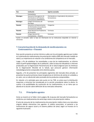 País             Institución                    Agentes asociados
                  Farmacéutica
Nicaragua         Asociación Nicaragüense de     Distribuidores e importadores de productos
                  Distribuidores de Productos    farmacéuticos
                  Farmacéuticos (ANDIPROFA)
Nicaragua         Colegio Farmacéutico de        Farmacias
                  Nicaragua.
Panamá            Asociación de Representantes   Droguerías
                  de Distribuidores de productos
                  Farmacéuticos (AREDIS)
Panamá            Unión Nacional de Propietarios Farmacias
                  de Farmacias
Panamá            Colegio Nacional de            Farmacias
                  Farmacéuticos - Panamá.
Fuente: el consultor sobre la base de información de las instituciones disponible en internet y
entrevistas




7. Caracterización de la demanda de medicamentos en
   Centroamérica + Panamá

Esta sección presenta en primer término cuáles son los principales agentes que inciden
en la demanda de medicamentos de prescripción médica (90% del mercado medido en
valor) y su importancia en relación a las condiciones de competencia en el mercado.
Luego, a fin de establecer las necesidades y usos de los medicamentos, se informa
sobre el perfil epidemiológico de la población, sobre la base de indicadores e informes
producidos por la Organización Panamericana de la Salud (regional para las Américas
de la Organización Mundial de la Salud), que procuran generar información
metodológicamente comparable entre distintos países.
Seguido, a fin de presentar los principales segmentos del mercado ético privado, se
presentan las quince primeras clases terapéuticas en términos de ventas en unidades y
en valor, con un cálculo del valor promedio de los productos comprendidos.
En relación a lo solicitado para este punto en los TDR, se aclara que la distribución
mayorista y minorista fue considerada en la sección precedente sobre la oferta. En
cuanto a las posibilidades de sustitución de los medicamentos, es un tema que se
aborda en la sección sobre definición de los mercados relevantes.


       7.1.    Principales agentes

Como se mostró en la Tabla 1 de la página 38, el grueso del mercado farmacéutico se
conforma con medicamentos de venta bajo receta o de prescripción médica.
El acto de consumo de los medicamentos de prescripción médica tiene una naturaleza
singular debido interactúan tres agentes: el médico prescriptor, el paciente y las
instituciones de seguro social y el sistema público de salud, según se muestra en la
siguiente ilustración.


                                                                                            91
 