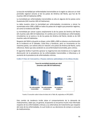 La tasa de mortalidad por enfermedades transmisibles en la región se ubica en un nivel
promedio regional cercano al de los países de América del Norte, que fue de 43
muertes 100 mil habitantes (OPS).
La mortalidad por enfermedades transmisibles es alta en algunos de los países como
Guatemala (162 muertes 100 mil habitantes).
La tabla muestra cómo la mortalidad por enfermedades circulatorias y cáncer ha
aumentado entre 1995 y 2005 en todos los países de la región que presentan registros,
así como la incidencia del SIDA.
La mortalidad por cáncer supera ampliamente la de los países de América del Norte
(25 muertes cada 100 mil habitantes). En cambio aún la mortalidad por enfermedades
circulatorias no se acerca a la de los países de América del Norte, donde es de 320
muertes cada mil habitantes.
Respecto del SIDA la situación es dispar, entre 2000 y 2005 se observa una disminución
de la incidencia en El Salvador, Costa Rica y Honduras, pero un incremento en los
restantes países, con valores altos en relación a los países de América del Norte, como
referencia. Notar que esta condición es una enfermedad transmisible, pero crónica.
El siguiente Gráfico 9 permite apreciar la magnitud de esta tendencia en la región de
disminución de la prevalencia de las enfermedades transmisibles o infecciosas y el
aumento de la prevalencia de enfermedades crónicas.

Gráfico 9. Países de Centroamérica y Panamá, tendencias epidemiológicas de las últimas décadas


                             Tasas de mortalidad ajustada por edad
                               (muertes cada 100 mil habitantes)


                                          187
                                                176 168

                                                                                    1995
                      116
                            92                                     99 98            2000
                                 82                           89
                                                                                    2003-05



                   Por enfermedades    Por enfermedades      Por neoplasias
                     transmisibles        circulatorias        malignas



        Fuente. El consultor sobre la base de datos de la Tabla 36, originados en OPS (2007).



Este cambio de tendencia incide sobre el comportamiento de la demanda de
medicamentos, dado que, en general, el paciente se encuentra mucho más informado
respecto de las enfermedades crónicas y sus alternativas de tratamiento que respecto
del resto de las enfermedades, lo cual incide en sus decisiones de compra o consumo
de medicamentos.



                                                                                                98
 