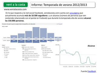 Informe: Temporada de verano 2012/2013
www.venialacosta.com
 En lo que respecta a la red social Facebook, venialacosta.com cuenta con una página que
actualmente acumula más de 10.500 seguidores y un alcance (número de personas que ven
contenido relacionado con el portal en Fcebook) que durante la temporada alta de verano alcanzó
las 150.000 personas.




                                                                                           Alcance




                                                                                    Fuente FaceBook
 