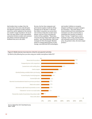 12
And retailers have to adapt. Over the
course of just a few years, this disruptor
has allowed consumers to fully research,
search for, and be updated on the entirety
of a retailer’s range of products. On top of
that, the smart phone is also a permanent
connection between retailer and consumer
that allows continual exchange and
feedback from one to the other.
By now, the fact that companies and
governments analyze trends by sifting
through sets of “big data” is old news.
But today’s consumers can access their
own versions of big data on their smart
phones, and we’re just scratching the
surface of that capability. “These days,
everyone has the whole world right in their
pockets,” says Thom Blischok, chief retail
strategist for PwC/Strategy. Blischok
points to coming improvements in data
storage, near-field and GPS technologies,
and retailers’ abilities to recognize
shoppers’ preferences as game-changers
for consumers. “The smart phone is
being transformed from something that
consumers can call or search with, to
something that searches on behalf of
them,” he says. “I might have a series
of things I want to buy, and that device
will constantly search for the cheapest
price, the greatest value, the most unique
product.”
Figure 6: Mobile devices have become critical for pre-payment activities
Researched the products
Compared prices with competitors
Located store with mobile phone
Used a coupon
Checked funding available before purchasing
Accessed loyalty/reward programs
Scanned QR codes
Received recommendations based on previous purchases
Paid at the cashier
Received an offer based on proximity to store
“Checked in” at store via social media
Tweeted the retailer/brand about the product/offer
None of the above
49%
49%
31%
25%
18%
16%
13%
12%
12%
12%
11%
4%
24%
0% 10% 20% 30% 40% 50% 60%
Source: Global PwC 2015 Total Retail Survey
Base: 19,068
Q: Which of the following have you done using your mobile/smartphone/tablet/PC?
 