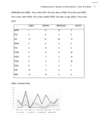 Condicionamiento Operante en Discriminación Visual de Palomas 7
(MRHA),Mira disco (MRD), Pica el vidrio (PCV), Pica otros discos (PCOD), Pica el disco rojo (PCDR) ,
Pica el disco verde (PCDV), Pica el disco amarillo (PCDA), Gira sobre su lugar (GSSL) y Pica el piso
(PCP).
LUNES MARTES MIERCOLES JUEVES
MRHC 1 13 15 3
PCC 4 0 4 5
CM 15 14 25 14
MRHA 0 0 0 0
PCV 4 13 5 2
PCDR 2 8 6 40
PCDV 0 3 3 10
PCDA 0 3 4 45
GSSL 9 7 3 7
PSP 10 5 0 4
MRD 12 15 5 6
Gráfico 1 Semana 4 Arturo
0
10
20
30
40
50
60
70
80
MRHC PCC CM MRHA PCV PCDR PCDV PCDA GSSL PSP MRD
LUNES MARTES MIERCOLES JUEVES
 