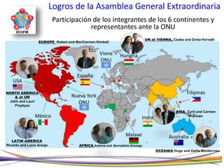 Logros de la Asamblea General Extraordinaria
Participación de los integrantes de los 6 continentes y
representantes ante la ONU
AFRICA Andrew and Bernadette Simango
OCEANIA Hugo and Dalila Monterrosa
ASIA Cyril and Carmen
D´Souza
LATIN AMERICA
Ricardo and Lucía Araujo
NORTH AMERICA
& at UN
John and Lauri
Przybysz
EUROPE Robert and MariCarmen Kimball
UN at VIENNA, Csaba and Greta Horvath
India
 