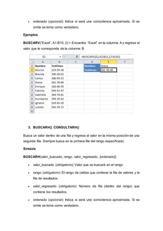  ordenado (opcional): Indica si será una coincidencia aproximada. Si se
omite se toma como verdadero.
Ejemplos
BUSCARV(“Excel”, A1:B10, 2) = Encuentra “Excel” en la columna A y regresa el
valor que le corresponde de la columna B
3. BUSCARH() CONSULTARH()
Busca un valor dentro de una fila y regresa el valor en la misma posición de una
segunda fila. Siempre busca en la primera fila del rango especificado.
Sintaxis
BUSCARH(valor_buscado, rango, valor_regresado, [ordenado])
 valor_buscado (obligatorio): Valor que se buscará en el rango
 rango (obligatorio): El rango de celdas que contiene la fila de valores y la
fila de resultados.
 valor_regresado (obligatorio): Número de fila (dentro del rango) que
contiene los resultados.
 ordenado (opcional): Indica si será una coincidencia aproximada. Si se
omite se toma como verdadero.
 