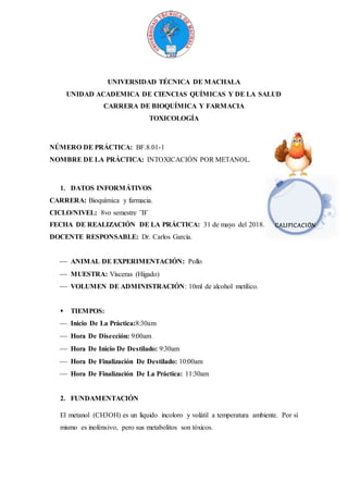 UNIVERSIDAD TÉCNICA DE MACHALA
UNIDAD ACADEMICA DE CIENCIAS QUÍMICAS Y DE LA SALUD
CARRERA DE BIOQUÍMICA Y FARMACIA
TOXICOLOGÍA
NÚMERO DE PRÁCTICA: BF.8.01-1
NOMBRE DE LA PRÁCTICA: INTOXICACIÓN POR METANOL.
1. DATOS INFORMÁTIVOS
CARRERA: Bioquímica y farmacia.
CICLO/NIVEL: 8vo semestre ¨B¨
FECHA DE REALIZACIÓN DE LA PRÁCTICA: 31 de mayo del 2018.
DOCENTE RESPONSABLE: Dr. Carlos García.
 ANIMAL DE EXPERIMENTACIÓN: Pollo
 MUESTRA: Vísceras (Hígado)
 VOLUMEN DE ADMINISTRACIÓN: 10ml de alcohol metílico.
 TIEMPOS:
 Inicio De La Práctica:8:30am
 Hora De Disección: 9:00am
 Hora De Inicio De Destilado: 9:30am
 Hora De Finalización De Destilado: 10:00am
 Hora De Finalización De La Práctica: 11:30am
2. FUNDAMENTACIÓN
El metanol (CH3OH) es un líquido incoloro y volátil a temperatura ambiente. Por sí
mismo es inofensivo, pero sus metabolitos son tóxicos.
CALIFICACIÓN
 