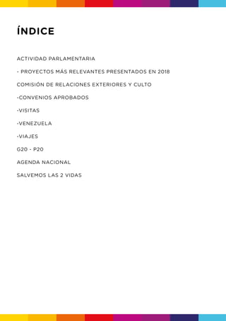 ÍNDICE
ACTIVIDAD PARLAMENTARIA
- PROYECTOS MÁS RELEVANTES PRESENTADOS EN 2018
COMISIÓN DE RELACIONES EXTERIORES Y CULTO
-CONVENIOS APROBADOS
-VISITAS
-VENEZUELA
-VIAJES
G20 - P20
AGENDA NACIONAL
SALVEMOS LAS 2 VIDAS
 