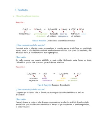 5.- Resultados. -
a. Obtención del ácido benzoico
Reacción 1:
𝐶7𝐻6𝑂 + 2𝐾𝑀𝑛𝑂4 → 𝐶6𝐻5𝐶𝑂𝑂𝐾 + 2𝑀𝑛𝑂2 + 𝐾𝑂𝐻 + 2𝐻2𝑂
𝑏𝑒𝑛𝑧𝑎𝑙𝑑𝑒ℎí𝑑𝑜 𝑝𝑒𝑟𝑚𝑎𝑛𝑔𝑎𝑛𝑎𝑡𝑜 𝑏𝑒𝑛𝑧𝑜𝑎𝑡𝑜 𝑜𝑥𝑖𝑑𝑜 𝑑𝑒 ℎ𝑖𝑑𝑟𝑜𝑥𝑖𝑑𝑜 𝑎𝑔𝑢𝑎
𝑑𝑒 𝑝𝑜𝑡𝑎𝑠𝑖𝑜 𝑑𝑒 𝑝𝑜𝑡𝑎𝑠𝑖𝑜 𝑚𝑎𝑛𝑔𝑎𝑛𝑒𝑠𝑜 𝑑𝑒 𝑝𝑜𝑡𝑎𝑠𝑖𝑜
Tipo de Reacción: Oxidación de un aldehído aromático
¿Cómo reconoció que hubo reacción?
Luego de agitar el tubo de ensayo, reconocimos la reacción ya que se dio lugar un precipitado
oscuro suave, a ello decidimos calentar moderadamente el tubo, con ayuda del mechero y las
pinzas de crisol, el calor intensificó más el precipitado.
Observación:
Se pudo observar que nuestro aldehído se pudo oxidar fácilmente hasta formar un ácido
carboxílico, gracias a los oxidantes que se le fueron añadidos.
Reacción 2:
𝐶6𝐻5𝐶𝑂𝑂𝐾 + 𝐻𝐶𝑙 → 𝐶6𝐻5𝐶𝑂𝑂𝐻 + 𝐾𝐶𝑙
𝑏𝑒𝑛𝑧𝑜𝑎𝑡𝑜 𝑎𝑐𝑖𝑑𝑜 𝑎𝑐𝑖𝑑𝑜 𝑐𝑙𝑜𝑟𝑢𝑟𝑜
𝑑𝑒 𝑝𝑜𝑡𝑎𝑠𝑖𝑜 𝑐𝑙𝑜𝑟ℎ𝑖𝑑𝑟𝑖𝑐𝑜 𝑏𝑒𝑛𝑧𝑜𝑐𝑖𝑜 𝑑𝑒 𝑝𝑜𝑡𝑎𝑠𝑖𝑜
Tipo de Reacción: Reacción de oxidación
¿Cómo reconoció que hubo reacción?
Luego de que se llevó a cabo el filtrado, se añadió gota de ácido clorhídrico, se notó un
precipitado.
Observación:
Después de que se enfrió el tubo de ensayo que contenía la solución, se filtró dejando solo la
parte sólida, y se añadió acido clorhídrico, se obtuvo lo que se esperaba, el producto principal,
el acido benzoico.
 