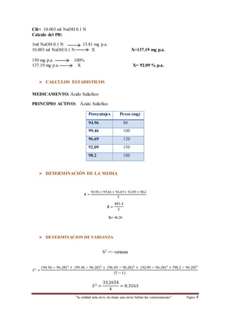 CR= 10.003 ml NaOH 0.1 N 
Calculo del PR: 
1ml NaOH 0.1 N 13.81 mg p.a. 
10.003 ml NaOH 0.1 N X X=137.19 mg p.a. 
150 mg p.a. 100% 
137.19 mg p.a. X X= 92.09 % p.a. 
 CALCULOS ESTADISTICOS 
MEDICAMENTO: Ácido Salicílico 
PRINCIPIO ACTIVO: Ácido Salicílico 
Porcentajes Pesos (mg) 
94.96 80 
99.46 100 
96.69 120 
92.09 150 
98.2 180 
 DETERMINACIÓN DE LA MEDIA 
푿 = 
94.96 + 99.46 + 96.69 + 92.09 + 98.2 
5 
푿 = 
481.4 
5 
X= 96.28 
 DETERMINACION DE VARIANZA 
S2 => varianza 
“la calidad esta en ti, no dejes que otros Sufran las consecuencias“ Página 4 
푆 2 = 
(94.96 − 96.28)2 + (99.46 − 96.28)2 + (96.69 − 96.28)2 + (92.09 − 96.28)2 + (98.2 − 96.28)2 
(5 − 1) 
푆 2 = 
33.2654 
4 
= 8.3163 
 