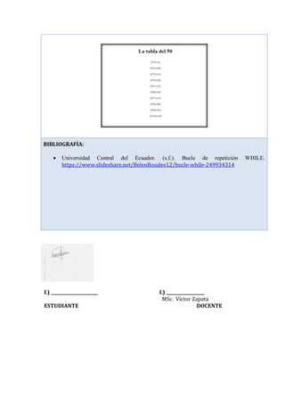 f.) ______________________ f.) __________________
MSc. Víctor Zapata
ESTUDIANTE DOCENTE
BIBLIOGRAFÍA:
 Universidad Central del Ecuador. (s.f.). Bucle de repetición WHILE.
https://www.slideshare.net/BelenRosales12/bucle-while-249934314
 