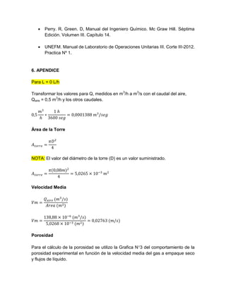  Perry. R, Green. D, Manual del Ingeniero Químico. Mc Graw Hill. Séptima
Edición. Volumen III. Capítulo 14.
 UNEFM. Manual de Laboratorio de Operaciones Unitarias III. Corte III-2012.
Practica Nº 1.
6. APENDICE
Para L = 0 L/h
Transformar los valores para Q, medidos en m3
/h a m3
/s con el caudal del aire,
Qaire = 0,5 m3
/h y los otros caudales.
Área de la Torre
NOTA: El valor del diámetro de la torre (D) es un valor suministrado.
Velocidad Media
Porosidad
Para el cálculo de la porosidad se utilizo la Grafica N3 del comportamiento de la
porosidad experimental en función de la velocidad media del gas a empaque seco
y flujos de líquido.
 