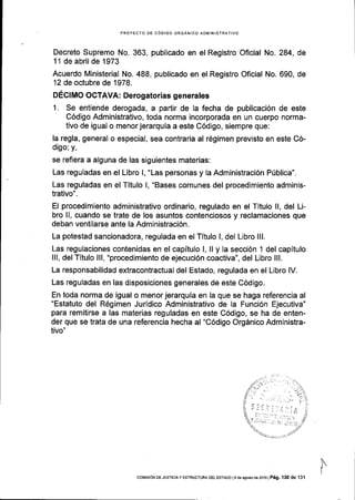 PROYECTO DE C6OIGO ORGANICO ADMINISTRATIVO
Decreto Supremo No. 363, publicado en el Registro Oflcial No. 284, de
11 de abril de 1973
Acuerdo Ministerial No. 488, publicado en el Registro Oflcial No. 690, de
12 de octubre de 1978.
DEGIMO OGTAVA: Derogatorias generales
1. Se entiende derogada, a partir de la fecha de publicaci6n de este
C6digo Administrativo, toda norma incorporada en un cuerpo norma-
tivo de igual o menor jerarquia a este C6digo, siempre que:
la regla, general o especial, sea contraria al r6gimen previsto en este C6-
digo; y,
se refiera a alguna de las siguientes materias:
Las reguladas en el Libro l, "Las personas y la Administraci6n Pfblica",
Las reguladas en el Titulo l, "Bases comunes del procedimiento adminis-
trativo".
El procedimiento administrativo ordinario, regulado en el Titulo ll, del Li-
bro ll, cuando se trate de los asuntos contenciosos y reclamaciones que
deban ventilarse ante la Administraci6n.
La potestad sancionadora, regulada en el Titulo l, del Libro lll.
Las regulaciones contenidas en el capitulo l, ll y la secci6n 1 del capitulo
lll, del Titulo lll, "procedlmiento de ejecuci6n coactiva", del Libro lll.
La responsabilidad extracontractual del Estado, regulada en el Libro lV.
Las reguladas en las disposiciones generales de este C6digo.
En toda norma de igual o menor jerarquia en la que se haga referencia al
"Estatuto del R6gimen Jurldico Administrativo de Ia Funci6n Ejecutiva"
para remitirse a las materias reguladas en este C6digo, se ha de enten-
der que se trata de una referencia hecha al "C6digo Org6nico Administra-
tivo"
lcoMrsroN DE JUsTrcrA y ESTRUoTUM DEL ESTADo l9 de asosto de 2016 | Peg. 130 de 131
 