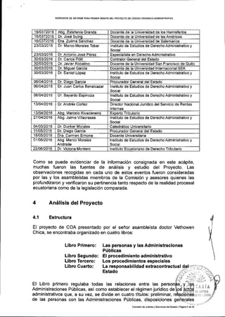 16t0372016 Abg. Estefania Granda Docente de la Universidad de los Hemisferios
1610372016 Dr. Jose Suinq Docente de la Universidad de las Amerlcas
16tO372016 Dra. Zulima Senchez Docente de la Universidad de Salamanca
2310312016 Dr. Marco Morales Tobar lnstituto de Estudios de Derecho Administrativo y
Social
23t03t2016 Dr Antonio Jose Perez EsDecialista en Derecho Administrativo
30/03/2016 Dr. Carlos P6lit Contralor General del Estado
30/03/2016 Dr. Javier Robalino Docente de la Universidad San Francisco de Quito
30/03/2016 Dr. Miquel Garcia Docente de la Universidad lnternacional SEK
30/03/2016 Dr. Daniel Lopez lnstituto de Estudios de Derecho Administrativo y
Social
06104t2016 Dr. Dieqo Garcla Procurador General del Estado
06t04t2016 Dr. Juan Carlos Benalcazar lnstituto de Estudios de Derecho Administrativo y
Social
06t04t2016 Dr. Bayardo Espinoza lnstituto de Estudios de Derecho Administrativo y
Social
13t04t2016 Dr Andres Cortez Director Nacional Juridico del Servicio de Rentas
lnternas
13104t2016 Abq. lvlarcelo Rivadeneira Experto Tributario
27104t2016 Abg. Jaime Villacreses lnstituto de Estudios de Derecho Administrativo y
Social
04t05t2016 Dr. Dunker Morales Catedr6tico Universitario
11t05t2016 Dr. Dieqo Garcia Procurador General del Estado
18105t2016 Dra. Carmen Simone Docente Universitaria
01t06t2016 Abg. Marco Morales
Andrade
lnstituto de Estudios de Derecho Administrativo y
Social
22t06t2016 Dr. Victoria Montero lnstituto Ecuatoriano de Derecho Tributario
aoRMDoR DE |NFoRME PARAPRTMER DEBATE DELpRoyEcTo DE coDrco oRGANrcoaDMrNrsrRAlrvo
Como se puede evidenciar de la informaci6n consignada en este acepite,
muchas fueron las fuentes de an6lisis y estudio del Proyecto. Las
observaciones recogidas en cada uno de estos eventos fueron consideradas
por las y los asambleistas miembros de la Comisi6n y asesores quienes las
profundizaron y verificaron su pertinencia tanto respecto de la realidad procesal
ecuatoriana como de la legislaci6n comparada.
An5lisis del Proyecto
4,'l Estructura
El proyecto de COA presentado por el sefror asambleista doctor Vethowen
Chica, se encontraba organizado en cuatro libros:
Libro Primero: Las personas y las Administraciones
PIblicas
El procedimiento administrativo
Los procedimientos especiales
administrativos que, a su vez, se divide en cuatro titulos: preliminal
de las personas con las Administraciones Priblicas, disposiciones
Libro Segundo:
Libro Tercero:
Libro Cuarto: La responsabilidad extracontractual
Estado
El Libro primero regulaba todas las relaciones entre las
Administraciones P0blicas, asi como establecer el r6gimen juridico de i.'i rii!litlI
Comisi6n dB Juslicia y Esrruclula dtslEstado lPagina I de 23
rt; i i;nD0
 