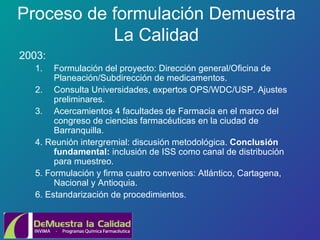 Proceso de formulación Demuestra La Calidad 2003:  Formulación del proyecto: Dirección general/Oficina de Planeación/Subdirección de medicamentos. Consulta Universidades, expertos OPS/WDC/USP. Ajustes preliminares. Acercamientos 4 facultades de Farmacia en el marco del congreso de ciencias farmacéuticas en la ciudad de Barranquilla. 4. Reunión intergremial: discusión metodológica.  Conclusión fundamental:  inclusión de ISS como canal de distribución para muestreo. 5. Formulación y firma cuatro convenios: Atlántico, Cartagena, Nacional y Antioquia. 6. Estandarización de procedimientos. 
