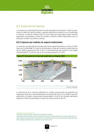 INFORME
                                                 2010
                                             de la INDUSTRIA de



                                          digitales


8.2 Evolución de ingresos
Los ingresos por publicidad continúan la senda descendente comenzada en 2008, con des-
censos en todos los tipos de medios y soportes publicitarios excepto en uno: la publicidad
en Internet. La Red se configura como el único medio que logra captar mayor inversión
publicitaria, aumentando su cuota de mercado a costa de medios tradicionales como la
televisión, la radio o los diarios y revistas.

8.2.1 Ingresos por modelos de negocio tradicionales
La inversión real estimada del mercado publicitario español descendió un 14,9% en 2009,
hasta los 12.699,4M€. En 2009 se ha acentuado la caída de la inversión publicitaria, ya
que en 2008 el descenso fue del 11,9%. La disminución ha sido superior en los medios
convencionales107, un 20,9%, que en los no convencionales108, un 9,4%.

Figura 97: Evolución de la inversión publicitaria en España (M€)




                                                                                       Fuente: Infoadex


La disminución de la inversión publicitaria en medios convencionales ha producido una
importante caída de su representatividad en el conjunto del sector. Si en 2008 la inversión
publicitaria en medios convencionales representaba el 47,6% del mercado publicitario
español, en 2009 este porcentaje se redujo tres puntos, hasta los 44,3%.




107 diarios, revistas, radio, cine, televisión, exterior e Internet
108 mailing personalizado, buzoneo, marketing telefónico, regalos publicitarios, merchandising, ferias y
exposiciones, actos de patrocinio, publicaciones de empresas, anuarios, guías, catálogos, juegos promocio-
nales, tarjetas de fidelización y animación de puntos de venta



                                                   123      ASIMELEC
 