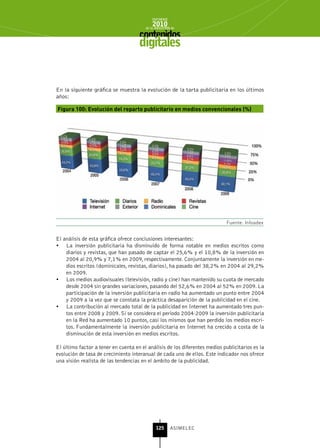 INFORME
                                            2010
                                        de la INDUSTRIA de



                                     digitales


En la siguiente gráfica se muestra la evolución de la tarta publicitaria en los últimos
años:

Figura 100: Evolución del reparto publicitario en medios convencionales (%)




                                                                             Fuente: Infoadex


El análisis de esta gráfica ofrece conclusiones interesantes:
•	 La inversión publicitaria ha disminuido de forma notable en medios escritos como
    diarios y revistas, que han pasado de captar el 25,6% y el 10,8% de la inversión en
    2004 al 20,9% y 7,1% en 2009, respectivamente. Conjuntamente la inversión en me-
    dios escritos (dominicales, revistas, diarios), ha pasado del 38,2% en 2004 al 29,2%
    en 2009.
•	 Los medios audiovisuales (televisión, radio y cine) han mantenido su cuota de mercado
    desde 2004 sin grandes variaciones, pasando del 52,6% en 2004 al 52% en 2009. La
    participación de la inversión publicitaria en radio ha aumentado un punto entre 2004
    y 2009 a la vez que se constata la práctica desaparición de la publicidad en el cine.
•	 La contribución al mercado total de la publicidad en Internet ha aumentado tres pun-
    tos entre 2008 y 2009. Si se considera el periodo 2004-2009 la inversión publicitaria
    en la Red ha aumentado 10 puntos, casi los mismos que han perdido los medios escri-
    tos. Fundamentalmente la inversión publicitaria en Internet ha crecido a costa de la
    disminución de esta inversión en medios escritos.

El último factor a tener en cuenta en el análisis de los diferentes medios publicitarios es la
evolución de tasa de crecimiento interanual de cada uno de ellos. Este indicador nos ofrece
una visión realista de las tendencias en el ámbito de la publicidad.




                                              125      ASIMELEC
 