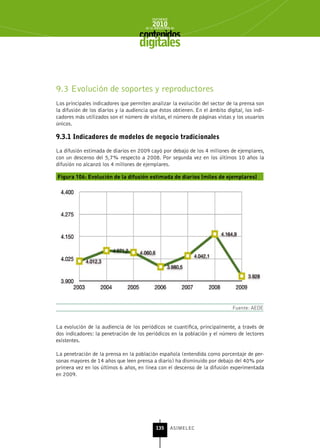 INFORME
                                            2010
                                        de la INDUSTRIA de



                                     digitales


9.3 Evolución de soportes y reproductores
Los principales indicadores que permiten analizar la evolución del sector de la prensa son
la difusión de los diarios y la audiencia que éstos obtienen. En el ámbito digital, los indi-
cadores más utilizados son el número de visitas, el número de páginas vistas y los usuarios
únicos.

9.3.1 Indicadores de modelos de negocio tradicionales

La difusión estimada de diarios en 2009 cayó por debajo de los 4 millones de ejemplares,
con un descenso del 5,7% respecto a 2008. Por segunda vez en los últimos 10 años la
difusión no alcanzó los 4 millones de ejemplares.

Figura 106: Evolución de la difusión estimada de diarios (miles de ejemplares)




                                                                              Fuente: AEDE


La evolución de la audiencia de los periódicos se cuantifica, principalmente, a través de
dos indicadores: la penetración de los periódicos en la población y el número de lectores
existentes.

La penetración de la prensa en la población española (entendida como porcentaje de per-
sonas mayores de 14 años que leen prensa a diario) ha disminuido por debajo del 40% por
primera vez en los últimos 6 años, en línea con el descenso de la difusión experimentada
en 2009.




                                              135      ASIMELEC
 