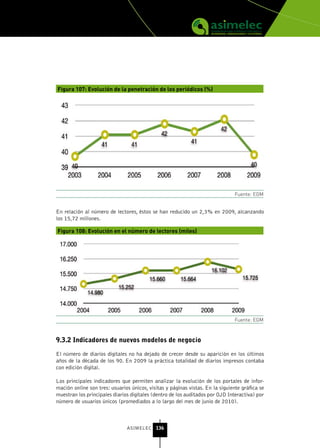 Figura 107: Evolución de la penetración de los periódicos (%)




                                                                               Fuente: EGM


En relación al número de lectores, éstos se han reducido un 2,3% en 2009, alcanzando
los 15,72 millones.

Figura 108: Evolución en el número de lectores (miles)




                                                                               Fuente: EGM



9.3.2 Indicadores de nuevos modelos de negocio

El número de diarios digitales no ha dejado de crecer desde su aparición en los últimos
años de la década de los 90. En 2009 la práctica totalidad de diarios impresos contaba
con edición digital.

Los principales indicadores que permiten analizar la evolución de los portales de infor-
mación online son tres: usuarios únicos, visitas y páginas vistas. En la siguiente gráfica se
muestran los principales diarios digitales (dentro de los auditados por OJD Interactiva) por
número de usuarios únicos (promediados a lo largo del mes de junio de 2010).



                               ASIMELEC 136
 