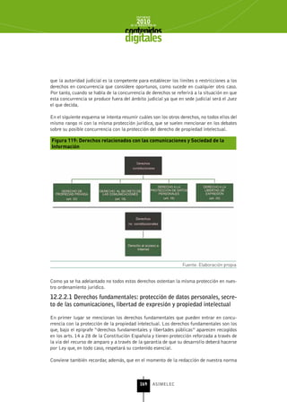 INFORME
                                           2010
                                       de la INDUSTRIA de



                                    digitales


que la autoridad judicial es la competente para establecer los límites o restricciones a los
derechos en concurrencia que considere oportunos, como sucede en cualquier otro caso.
Por tanto, cuando se habla de la concurrencia de derechos se referirá a la situación en que
esta concurrencia se produce fuera del ámbito judicial ya que en sede judicial será el Juez
el que decida.

En el siguiente esquema se intenta resumir cuáles son los otros derechos, no todos ellos del
mismo rango ni con la misma protección jurídica, que se suelen mencionar en los debates
sobre su posible concurrencia con la protección del derecho de propiedad intelectual.

Figura 119: Derechos relacionados con las comunicaciones y Sociedad de la
Información




                                                                 Fuente: Elaboración propia


Como ya se ha adelantado no todos estos derechos ostentan la misma protección en nues-
tro ordenamiento jurídico.

12.2.2.1 Derechos fundamentales: protección de datos personales, secre-
to de las comunicaciones, libertad de expresión y propiedad intelectual

En primer lugar se mencionan los derechos fundamentales que pueden entrar en concu-
rrencia con la protección de la propiedad intelectual. Los derechos fundamentales son los
que, bajo el epígrafe “derechos fundamentales y libertades públicas” aparecen recogidos
en los arts. 14 a 28 de la Constitución Española y tienen protección reforzada a través de
la vía del recurso de amparo y a través de la garantía de que su desarrollo deberá hacerse
por Ley que, en todo caso, respetará su contenido esencial.

Conviene también recordar, además, que en el momento de la redacción de nuestra norma



                                             169      ASIMELEC
 
