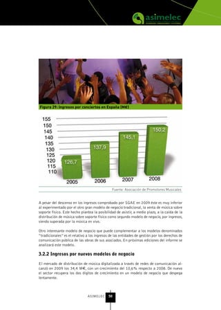 Figura 29: Ingresos por conciertos en España (M€)




                                               Fuente: Asociación de Promotores Musicales


A pesar del descenso en los ingresos comprobado por SGAE en 2009 éste es muy inferior
al experimentado por el otro gran modelo de negocio tradicional, la venta de música sobre
soporte físico. Este hecho plantea la posibilidad de asistir, a medio plazo, a la caída de la
distribución de música sobre soporte físico como segundo modelo de negocio, por ingresos,
siendo superada por la música en vivo.

Otro interesante modelo de negocio que puede complementar a los modelos denominados
“tradicionales” es el relativo a los ingresos de las entidades de gestión por los derechos de
comunicación pública de las obras de sus asociados. En próximas ediciones del informe se
analizará este modelo.

3.2.2 Ingresos por nuevos modelos de negocio

El mercado de distribución de música digitalizada a través de redes de comunicación al-
canzó en 2009 los 34,4 M€, con un crecimiento del 10,6% respecto a 2008. De nuevo
el sector recupera los dos dígitos de crecimiento en un modelo de negocio que despega
lentamente.



                               ASIMELEC      50
 