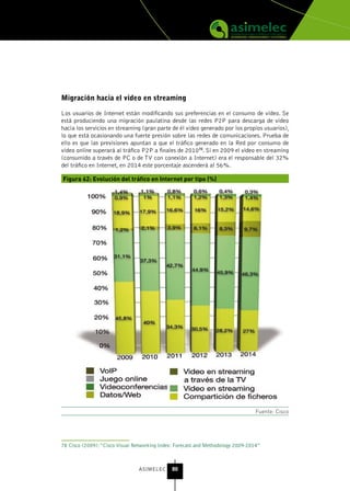 Migración hacia el vídeo en streaming

Los usuarios de Internet están modificando sus preferencias en el consumo de vídeo. Se
está produciendo una migración paulatina desde las redes P2P para descarga de vídeo
hacia los servicios en streaming (gran parte de él vídeo generado por los propios usuarios),
lo que está ocasionando una fuerte presión sobre las redes de comunicaciones. Prueba de
ello es que las previsiones apuntan a que el tráfico generado en la Red por consumo de
vídeo online superará al tráfico P2P a finales de 201078. Si en 2009 el video en streaming
(consumido a través de PC o de TV con conexión a Internet) era el responsable del 32%
del tráfico en Internet, en 2014 este porcentaje ascenderá al 56%.

Figura 62: Evolución del tráfico en Internet por tipo (%)




                                                                                  Fuente: Cisco




78 Cisco (2009): “Cisco Visual Networking Index: Forecast and Methodology 2009-2014”



                                ASIMELEC      80
 