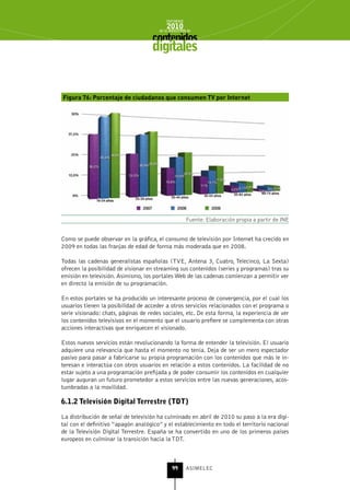 INFORME
                                           2010
                                       de la INDUSTRIA de



                                    digitales


Figura 76: Porcentaje de ciudadanos que consumen TV por Internet




                                                      Fuente: Elaboración propia a partir de INE


Como se puede observar en la gráfica, el consumo de televisión por Internet ha crecido en
2009 en todas las franjas de edad de forma más moderada que en 2008.

Todas las cadenas generalistas españolas (TVE, Antena 3, Cuatro, Telecinco, La Sexta)
ofrecen la posibilidad de visionar en streaming sus contenidos (series y programas) tras su
emisión en televisión. Asimismo, los portales Web de las cadenas comienzan a permitir ver
en directo la emisión de su programación.

En estos portales se ha producido un interesante proceso de convergencia, por el cual los
usuarios tienen la posibilidad de acceder a otros servicios relacionados con el programa o
serie visionado: chats, páginas de redes sociales, etc. De esta forma, la experiencia de ver
los contenidos televisivos en el momento que el usuario prefiere se complementa con otras
acciones interactivas que enriquecen el visionado.

Estos nuevos servicios están revolucionando la forma de entender la televisión. El usuario
adquiere una relevancia que hasta el momento no tenía. Deja de ser un mero espectador
pasivo para pasar a fabricarse su propia programación con los contenidos que más le in-
teresan e interactúa con otros usuarios en relación a estos contenidos. La facilidad de no
estar sujeto a una programación prefijada y de poder consumir los contenidos en cualquier
lugar auguran un futuro prometedor a estos servicios entre las nuevas generaciones, acos-
tumbradas a la movilidad.

6.1.2 televisión Digital terrestre (tDt)

La distribución de señal de televisión ha culminado en abril de 2010 su paso a la era digi-
tal con el definitivo “apagón analógico” y el establecimiento en todo el territorio nacional
de la Televisión Digital Terrestre. España se ha convertido en uno de los primeros países
europeos en culminar la transición hacia la TDT.



                                              99      ASIMELEC
 
