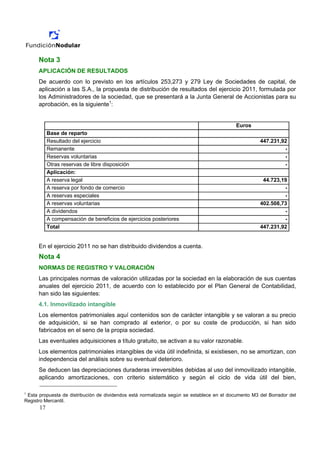 Nota 3
      APLICACIÓN DE RESULTADOS
      De acuerdo con lo previsto en los artículos 253,273 y 279 Ley de Sociedades de capital, de
      aplicación a las S.A., la propuesta de distribución de resultados del ejercicio 2011, formulada por
      los Administradores de la sociedad, que se presentará a la Junta General de Accionistas para su
      aprobación, es la siguiente1:


                                                                                           Euros
           Base de reparto
           Resultado del ejercicio                                                                   447.231,92
           Remanente                                                                                          -
           Reservas voluntarias                                                                               -
           Otras reservas de libre disposición                                                                -
           Aplicación:
           A reserva legal                                                                            44.723,19
           A reserva por fondo de comercio                                                                    -
           A reservas especiales                                                                              -
           A reservas voluntarias                                                                    402.508,73
           A dividendos                                                                                       -
           A compensación de beneficios de ejercicios posteriores                                             -
           Total                                                                                     447.231,92


      En el ejercicio 2011 no se han distribuido dividendos a cuenta.
      Nota 4
      NORMAS DE REGISTRO Y VALORACIÓN
      Las principales normas de valoración utilizadas por la sociedad en la elaboración de sus cuentas
      anuales del ejercicio 2011, de acuerdo con lo establecido por el Plan General de Contabilidad,
      han sido las siguientes:
      4.1. Inmovilizado intangible
      Los elementos patrimoniales aquí contenidos son de carácter intangible y se valoran a su precio
      de adquisición, si se han comprado al exterior, o por su coste de producción, si han sido
      fabricados en el seno de la propia sociedad.
      Las eventuales adquisiciones a título gratuito, se activan a su valor razonable.
      Los elementos patrimoniales intangibles de vida útil indefinida, si existiesen, no se amortizan, con
      independencia del análisis sobre su eventual deterioro.
      Se deducen las depreciaciones duraderas irreversibles debidas al uso del inmovilizado intangible,
      aplicando amortizaciones, con criterio sistemático y según el ciclo de vida útil del bien,

1
 Esta propuesta de distribución de dividendos está normalizada según se establece en el documento M3 del Borrador del
Registro Mercantil.
      17
 