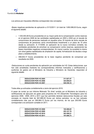 Los activos por impuestos diferidos corresponden dos conceptos:


-Bases negativas pendientes de aplicación a 31/12/2011: Un total de 1.850.088,93 Euros, según
el siguiente detalle:


     o   1.353.453,46 Euros procedentes en su mayor parte de la compensación contra reservas
         en el ejercicio 2008 de las cantidades capitalizadas en 2003 ý 2004 por el rescate de
         compromisos de pensiones realizado en aquellos años. El importe de dicho rescate de
         compromisos de pensiones venía amortizándose linealmente a un plazo de 10 años
         desde su activación. A 1/1/2008, en aplicación de la nueva normativa contable, las
         cantidades pendientes de amortizar se compensaron contra reservas, apareciendo las
         bases imponibles negativas correspondientes. En menor cuantía, ha sucedido lo mismo
         con otros gastos capitalizados de ampliación de capital, formalización de deudas a largo
         plazo y establecimiento.
     o   496.635,17 Euros procedentes de la base negativa pendiente de compensar por
         resultados de 2009.


-Deducciones en cuota pendientes de aplicación por actividades de I+D. Estas deducciones, que
han sido acreditadas mediante los correspondientes informes motivados y certificaciones y
auditorias de gastos por el Ministerio de Industria y Ministerio de Hacienda, responden al
siguiente detalle:


                 DEDUCCION POR I+D 2005                               311.827,47
                 DEDUCCION POR I+D 2006                               343.890,63
                 DEDUCCION POR I+D 2007                               520.559,18


Todas ellas ya activadas contablemente a cierre del ejercicio 2010.
A pesar de contar ya con Informe Motivado “Ex Ante” emitido por el Ministerio de Industria y
certificaciones de ejecución de gasto para proyectos de I+D (Desarrollo Tecnológico) para los
ejercicios 2008, 2009, 2010 ý 2011 que han permitido declarar deducciones fiscales por este
concepto en importe total de 941.869,35 Euros por dichos periodos, no se han activado
contablemente más que en 295.964,13 Euros por los mismos, de los que 250.000 Euros
corresponden a la activación contable en 2011.


                 DEDUCCION POR I+D 2008                               183.486,65
                 DEDUCCION POR I+D 2009                               203.107,76
                 DEDUCCION POR I+D 2010                               363.588,21
                 DEDUCCION POR I+D 2011                               191.686,73


43
 