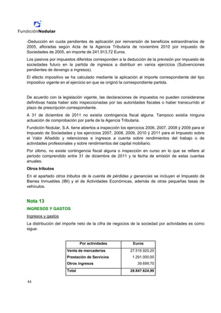 -Deducción en cuota pendientes de aplicación por reinversión de beneficios extraordinarios de
2005, afloradas según Acta de la Agencia Tributaria de noviembre 2010 por impuesto de
Sociedades de 2005, en importe de 241.913,72 Euros.
Los pasivos por impuestos diferidos corresponden a la deducción de la previsión por impuesto de
sociedades futuro en la partida de ingresos a distribuir en varios ejercicios (Subvenciones
pendientes de devengo a ingresos).
El efecto impositivo se ha calculado mediante la aplicación al importe correspondiente del tipo
impositivo vigente en el ejercicio en que se originó la correspondiente partida.


De acuerdo con la legislación vigente, las declaraciones de impuestos no pueden considerarse
definitivas hasta haber sido inspeccionadas por las autoridades fiscales o haber transcurrido el
plazo de prescripción correspondiente.
A 31 de diciembre de 2011 no existía contingencia fiscal alguna. Tampoco existía ninguna
actuación de comprobación por parte de la Agencia Tributaria.
Fundición Nodular, S.A. tiene abiertos a inspección los ejercicios 2006, 2007, 2008 ý 2009 para el
Impuesto de Sociedades y los ejercicios 2007, 2008, 2009, 2010 ý 2011 para el Impuesto sobre
el Valor Añadido y retenciones e ingresos a cuenta sobre rendimientos del trabajo o de
actividades profesionales y sobre rendimientos del capital mobiliario.
Por último, no existe contingencia fiscal alguna o inspección en curso en lo que se refiere al
periodo comprendido entre 31 de diciembre de 2011 y la fecha de emisión de estas cuentas
anuales.
Otros tributos
En el apartado otros tributos de la cuenta de pérdidas y ganancias se incluyen el Impuesto de
Bienes Inmuebles (IBI) y el de Actividades Económicas, además de otras pequeñas tasas de
vehículos.


Nota 13
INGRESOS Y GASTOS
Ingresos y gastos
La distribución del importe neto de la cifra de negocios de la sociedad por actividades es como
sigue:


                              Por actividades             Euros
                      Venta de mercaderías               27.516.925,20
                      Prestación de Servicios             1.291.000,00
                      Otros ingresos                         39.699,70
                      Total                              28.847.624,90

44
 