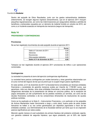 Dentro del epígrafe de Otros Resultados, junto con los gastos extraordinarios detallados
anteriormente, se recogen algunos ingresos extraordinarios, que en el ejercicio 2011 incluyen
pequeñas regularizaciones, así como las indemnizaciones por aseguradora debidas a pérdida de
beneficios y extracostes causados por un derrame de material fundido en octubre de 2010, así
como a un incidente acaecido en transporte de mercancía (seguro de transporte).


Nota 14
PROVISIONES Y CONTINGENCIAS


Provisiones
No se han registrado movimientos de este epígrafe durante el ejercicio 2011:
                                                                       Euros
                       Saldo al 1 de enero de 2011                      0,00
                       Adiciones                                        0,00
                       Reversiones                                      0,00
                       Otros ajustes realizados                         0,00
                       Saldo al 31 de diciembre de 2011                 0,00


Tampoco se han registrado durante el ejercicio 2011 provisiones de tráfico o por operaciones
comerciales.


Contingencias
La sociedad no presenta al cierre del ejercicio contingencias significativas
La sociedad tiene pasivos contingentes por avales bancarios y otras garantías relacionadas con
el curso normal del negocio de las que se prevé que no surgirá ningún pasivo significativo.
En este sentido, al 31 de diciembre de 2011 la Sociedad tenía concedidos por diversas entidades
financieras y sociedades de garantía recíproca avales por importe de 1.738.961 euros, que
garantizan, ante sus clientes, ante otras entidades financieras y ante administraciones públicas,
obligaciones derivadas de la presentación de ofertas en concurso público, de la recepción de
pagos anticipados y/o del cumplimiento de los pedidos recibidos y/o servidos, así como de las
deudas financieras contraídas o de los compromisos dimanantes de resoluciones de ayudas
públicas recibidas.
Como se ha explicado en la Nota 9 – Instrumentos Financieros, y en particular en los epígrafes
de Activos Mantenidos hasta Vencimiento a largo y corto plazo, buena parte de estos avales
bancarios se hallan a su vez contra garantizados por depósitos pignorados a favor de las
entidades avalistas. Los Administradores de la Sociedad estiman por tanto que no se originarán
pasivos significativos por estos avales.
Mención aparte merece el aval subsidiario de primera hipoteca del préstamo sindicado vigente,
con garantía colateral de segunda hipoteca, que sigue prestando, por el 50% del capital

47
 